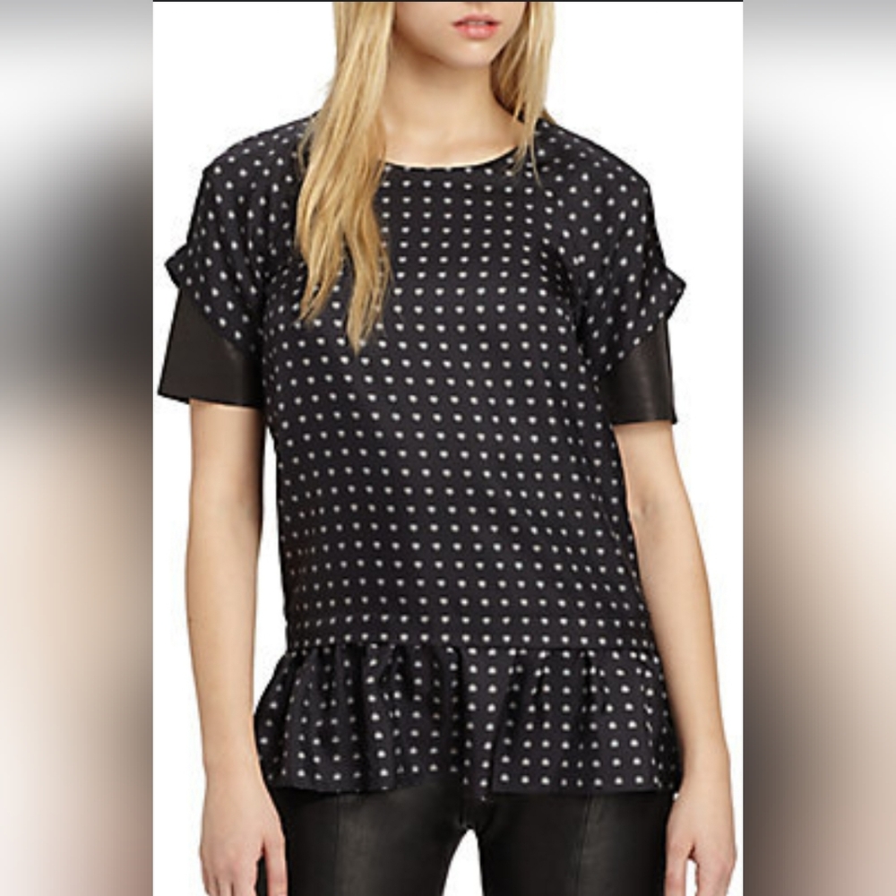 ❤️ THAKOON ADDITION LAMBS LEATHER AND SILK PEPLUM FLUTTER HEM TOP, 4 - Picture 4 of 10